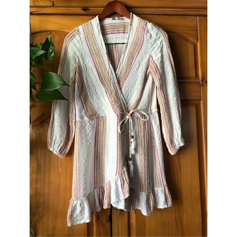 Blue Island Boho Wrap Dress XS Cream Striped Ruffle Hem Rayon - Picture 3 of 13